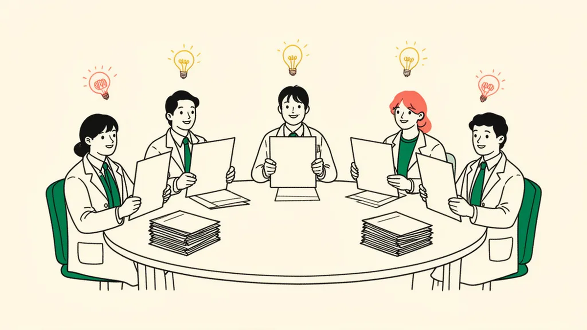 Five scientists in lab coats around a round table, each reading a proposal, lightbulbs floating above them