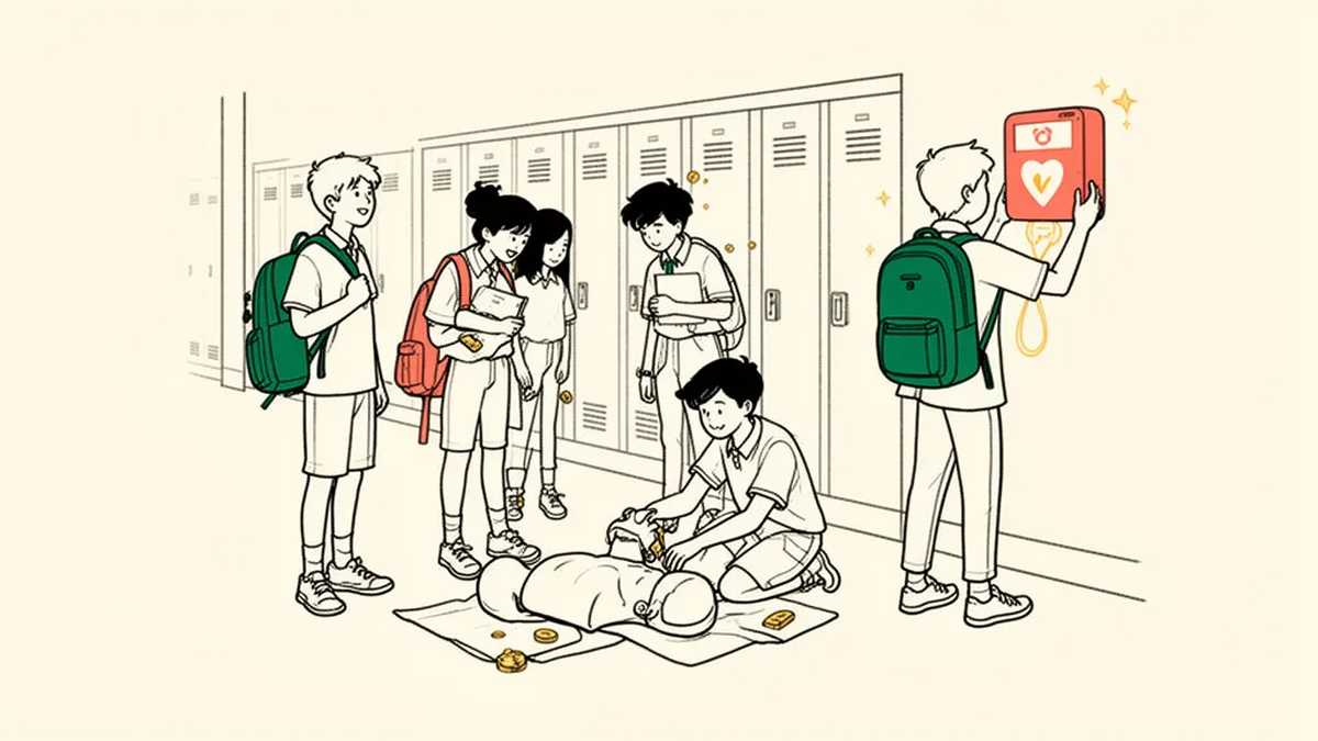 High school students practicing chest compressions on a training manikin in a hallway while one lifts a defibrillator off the wall