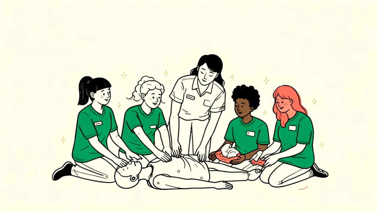 A small group of volunteers practice CPR on a training mannequin while an instructor guides them.