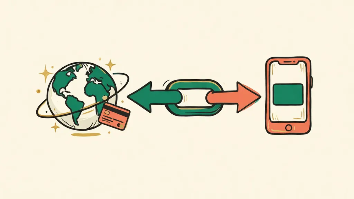 A link splitting into two arrows: one toward a globe with a credit card, the other toward a phone showing a green pay button.