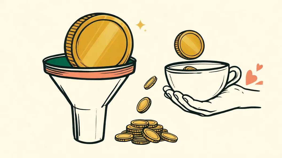 A large coin entering a funnel and a slightly smaller coin coming out toward a cup held in an open hand, with small coins falling away to the side.