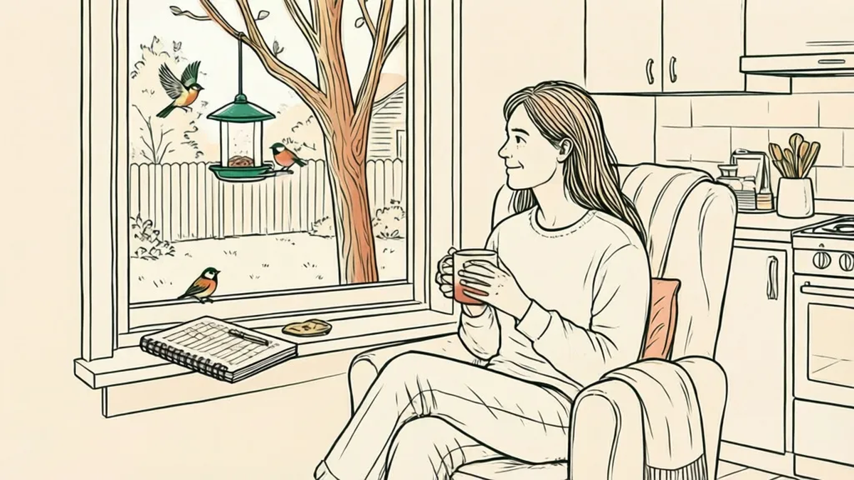 A person watching small birds at a backyard feeder through a kitchen window, with a tally notebook resting on the sill.