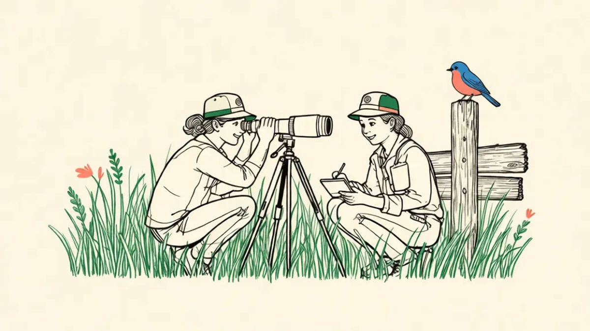 Two volunteers crouching in tall grass with a spotting scope and a field card, a bluebird perched on a fence post beside them.