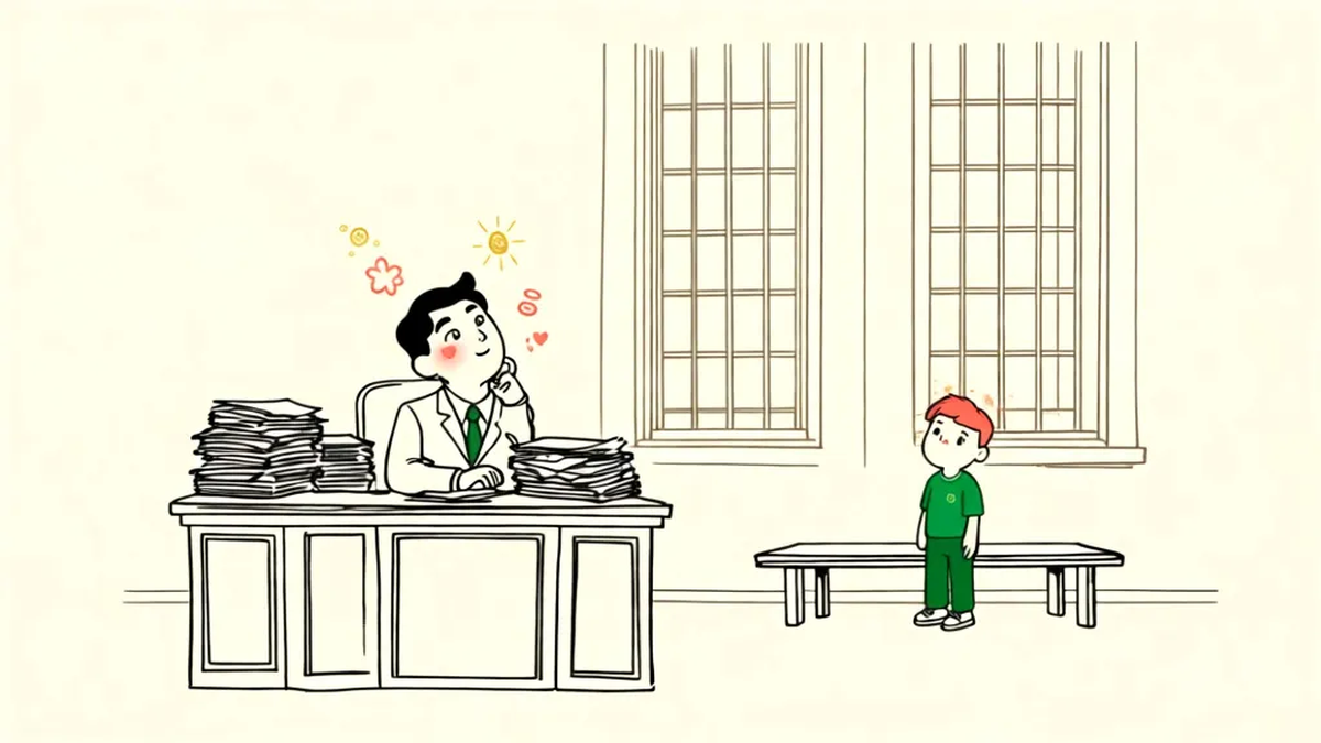 A clerk at a wooden desk in an old courthouse, stacks of paper beside him, looking up at a small boy waiting alone across the room