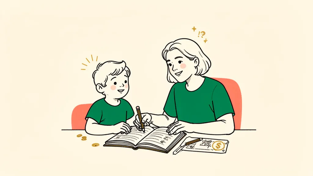 A doodle of an adult mentor helping a young child with homework at a table.