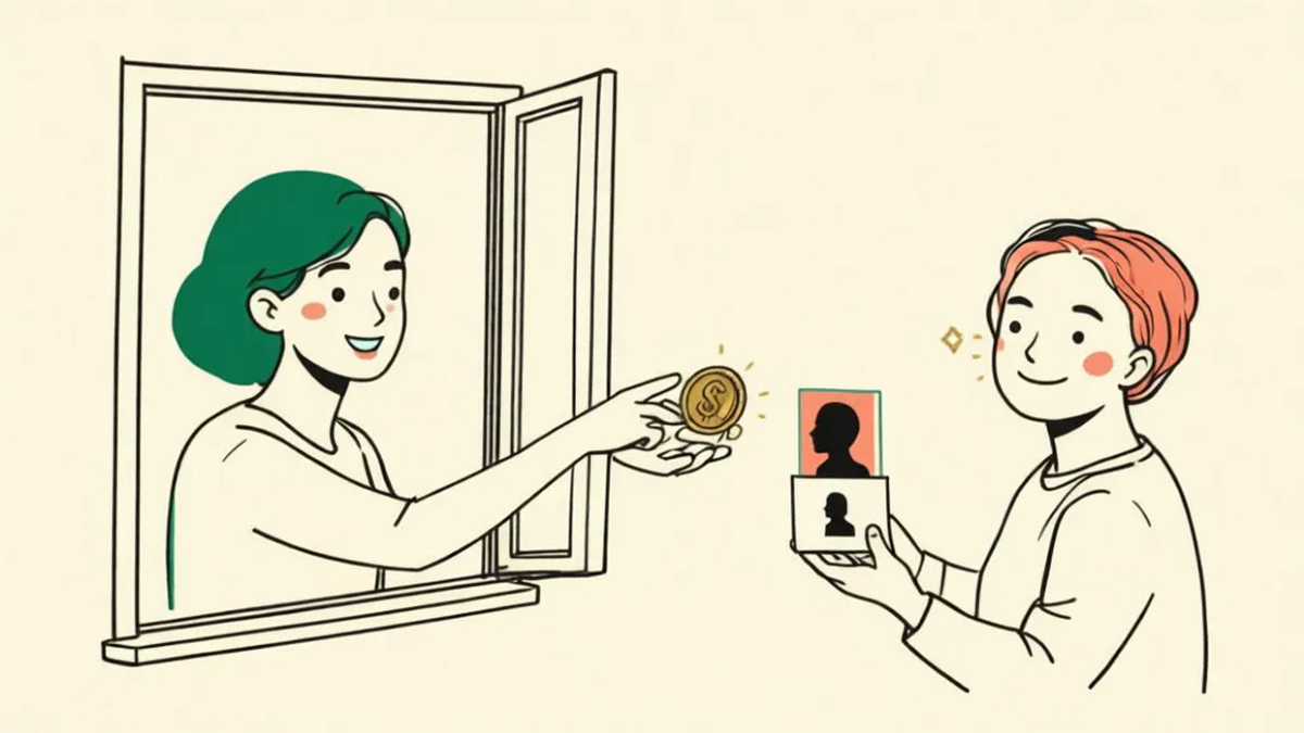 A person at a window hands a coin to someone holding a card with the recipient's silhouette on it