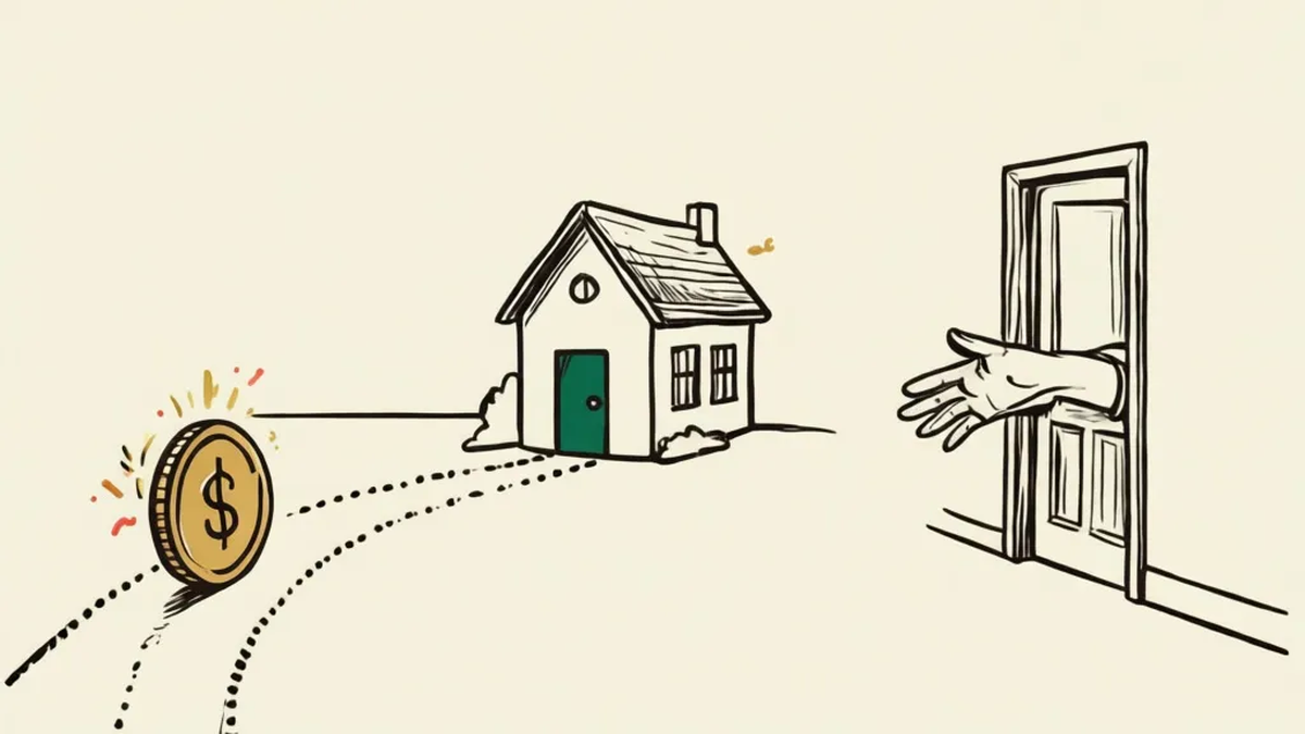 A coin rolls back along the same dotted path to the house it came from while a hand reaches out from a different door