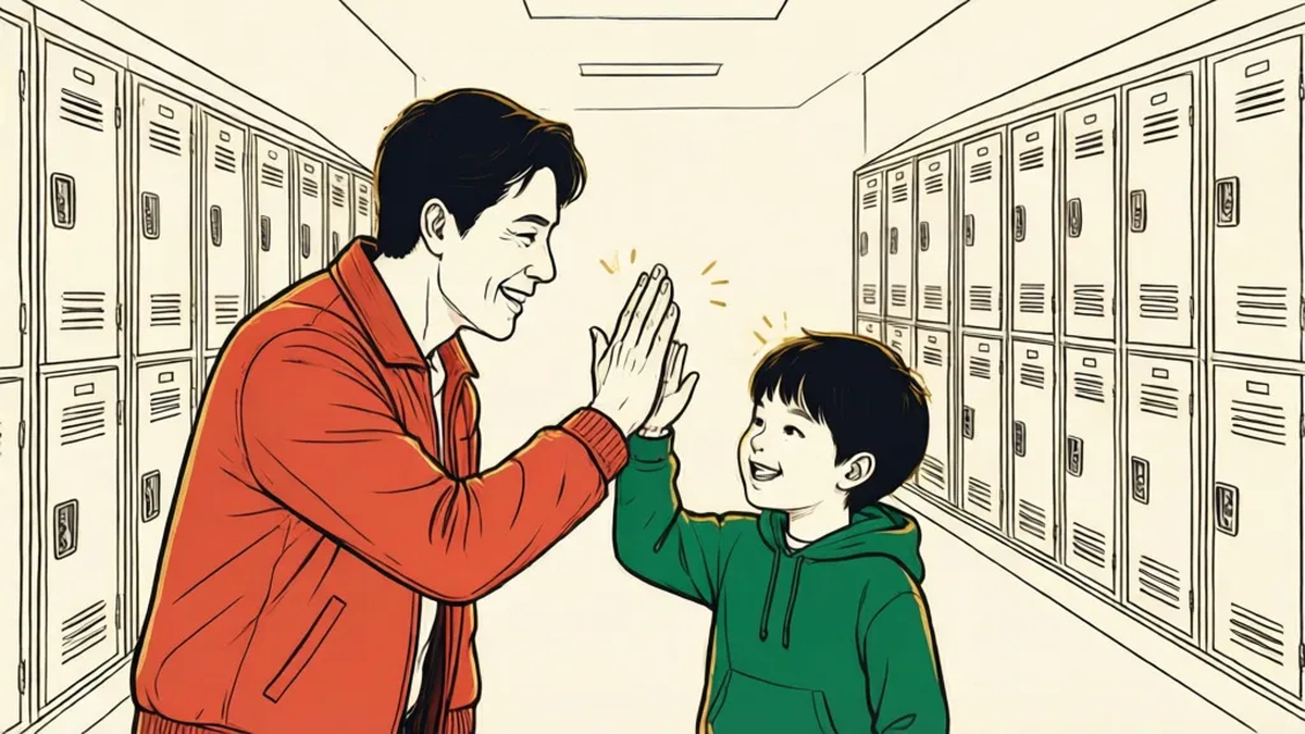 A City Year mentor in a red jacket high-fiving a smiling student in a school hallway