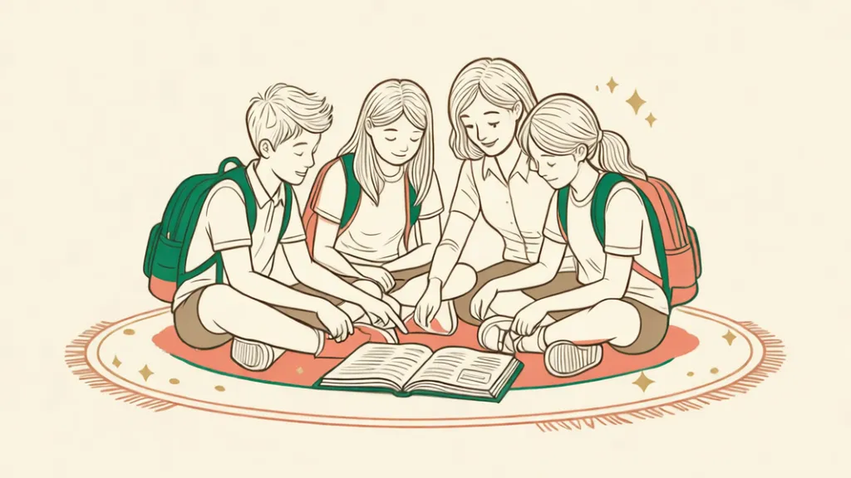 A young mentor reading a book with a small group of students sitting in a circle