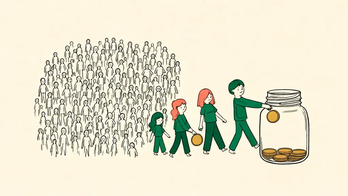 A crowd of people, with only four of them stepping forward to drop a coin into an almost empty jar