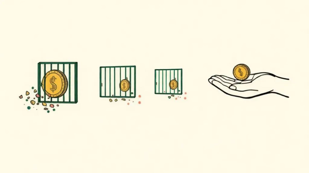 A gold coin passing through three narrow gates, getting smaller at each one, until it reaches an open hand
