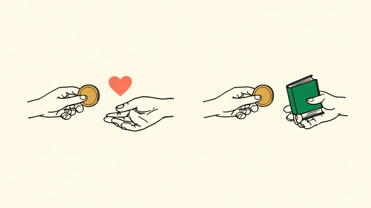Two hands each hand over a coin: one gets back only a heart, the other gets back a book.