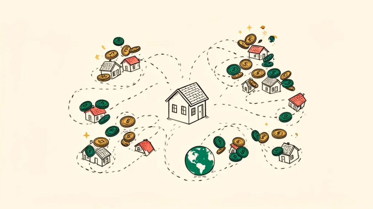 Small coins leave several little houses and a globe, travelling along paths to one single house.