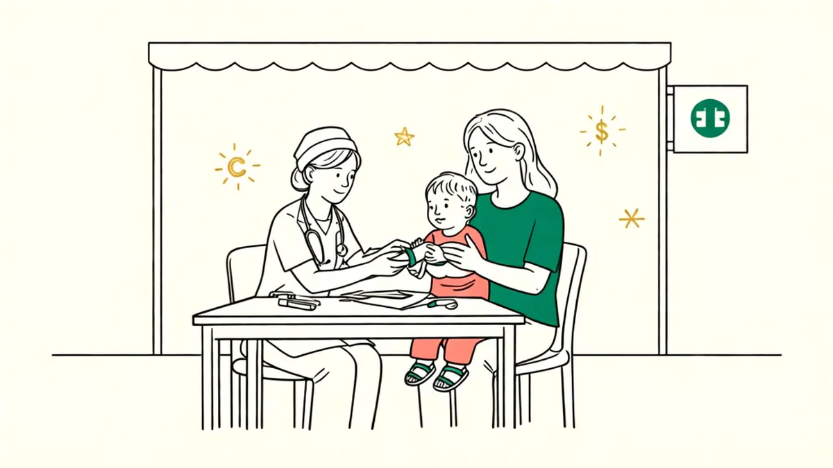 Line illustration of a health worker measuring a young child's upper arm with a screening band at an outdoor clinic table