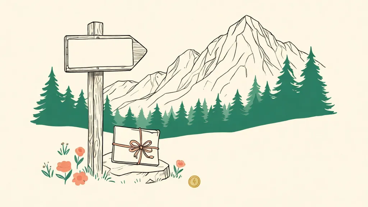 A blank wooden trail signpost and a folder of papers tied with a ribbon, resting on a rock in a mountain meadow
