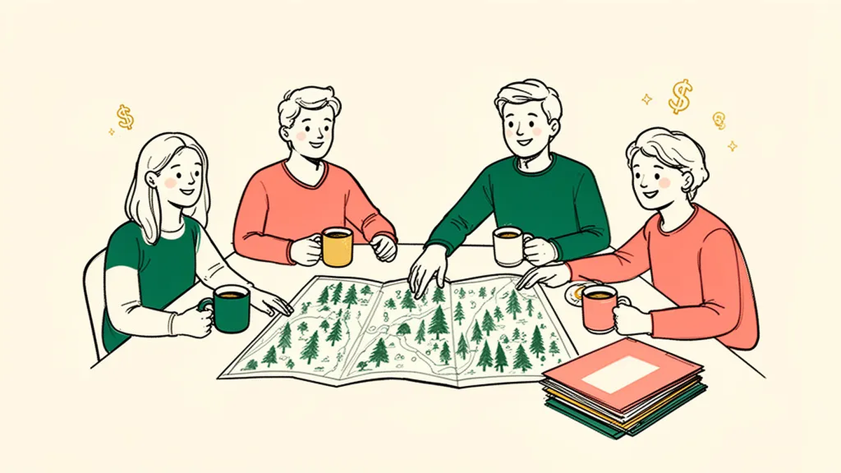 Four neighbors sitting around a kitchen table with mugs of tea, studying a large map of a forest
