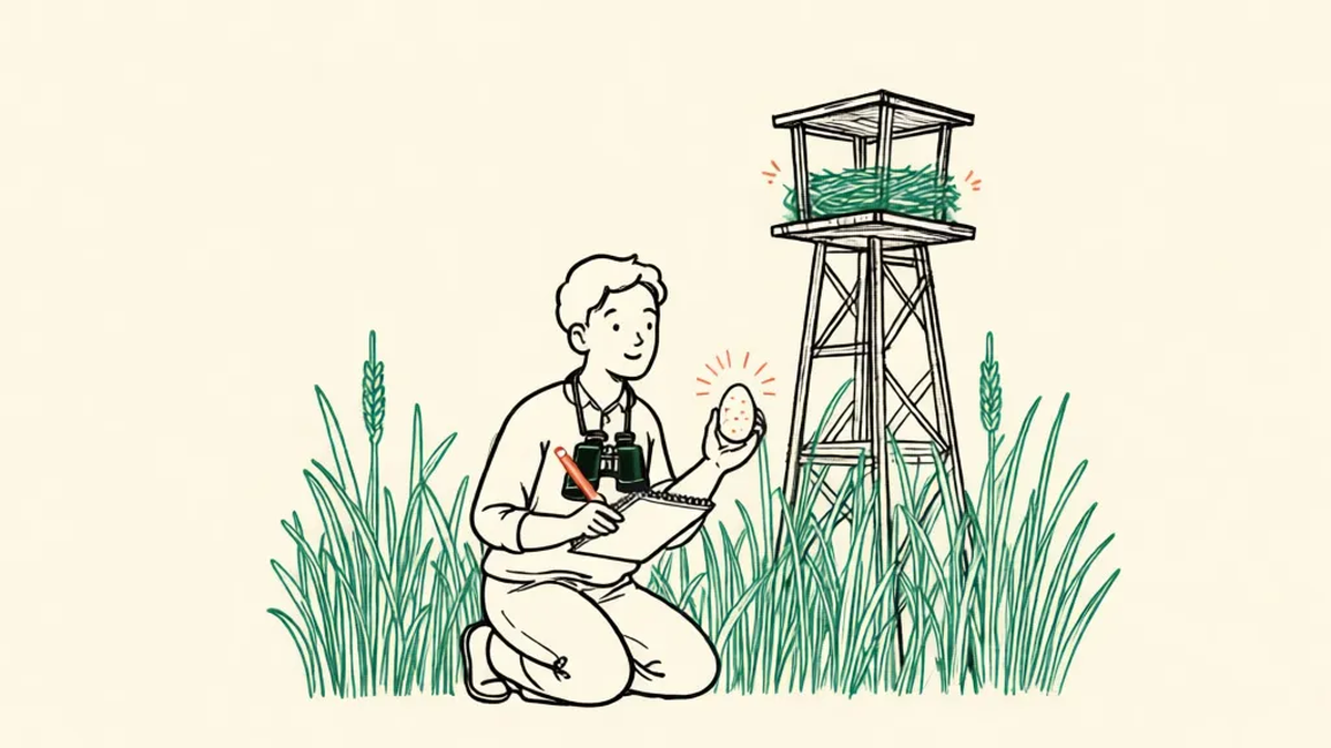 A person kneeling in marsh grass with binoculars and a notebook, examining a bird egg beside a nesting platform