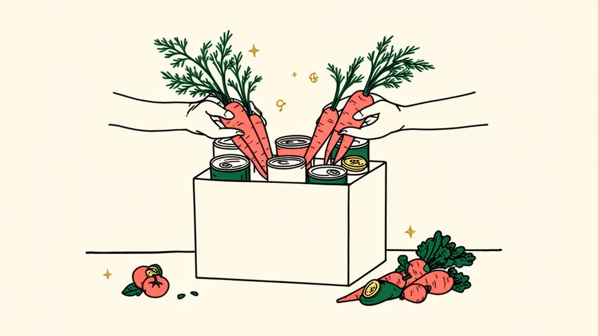 Hands placing fresh carrots and canned goods into a plain cardboard box at a food pantry table