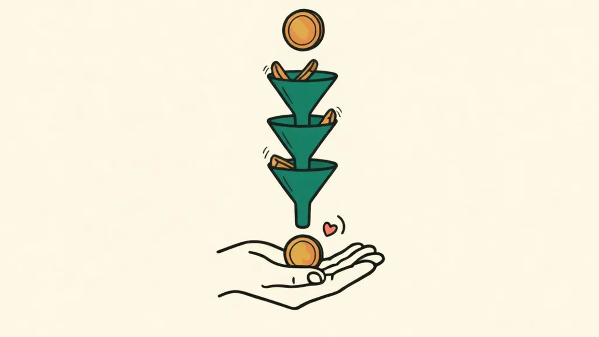 A coin falling through three stacked green funnels, each keeping a small piece, before a slightly smaller coin lands in an open hand