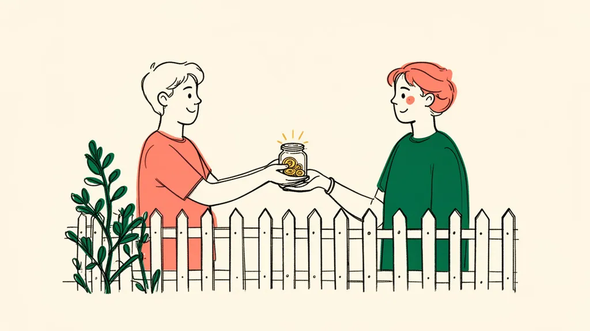 Two friends on either side of a low wooden fence, one handing a small jar of coins across to the other