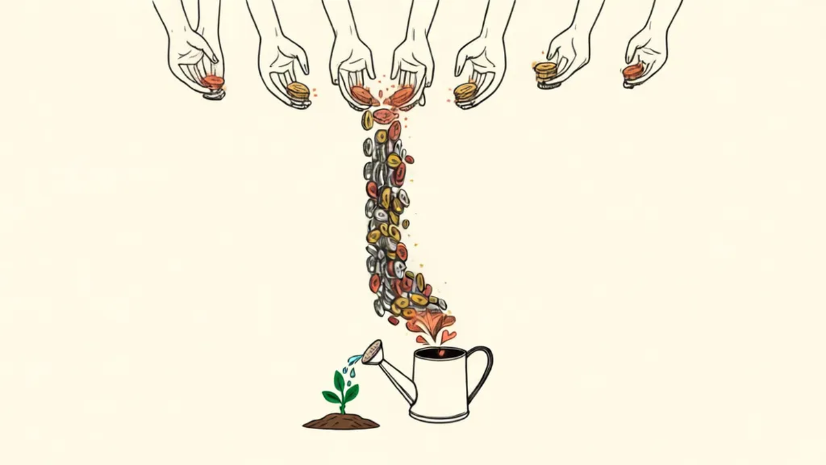Many hands each dropping a single coin into a shared stream that fills a watering can, which waters a small green sprout