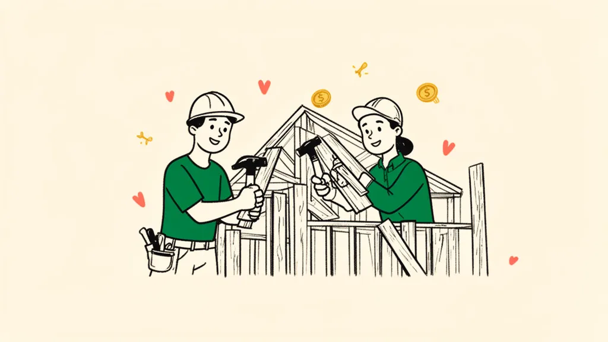 Two people in hard hats hammer boards onto a wooden house frame together on a build site