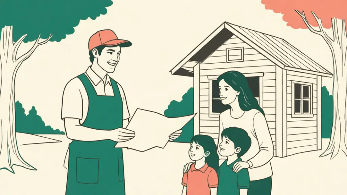 A volunteer in a green apron hands a folded paper map to a family outside a small wooden park cabin.