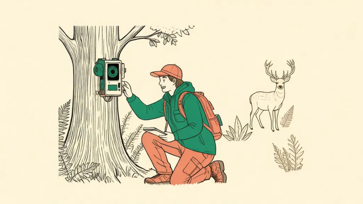 A volunteer kneels by a tree to check a wildlife camera while a deer watches from the ferns.