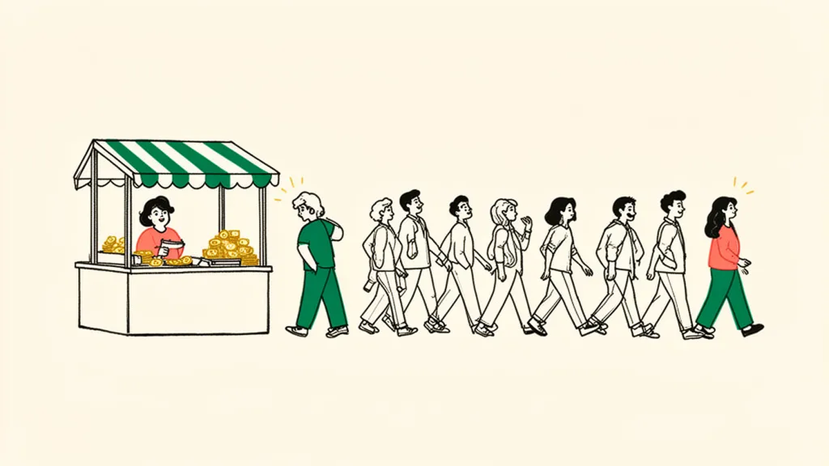 A person at a small market stall watching a long line of passers-by walk past, with only one person turning toward the stall.