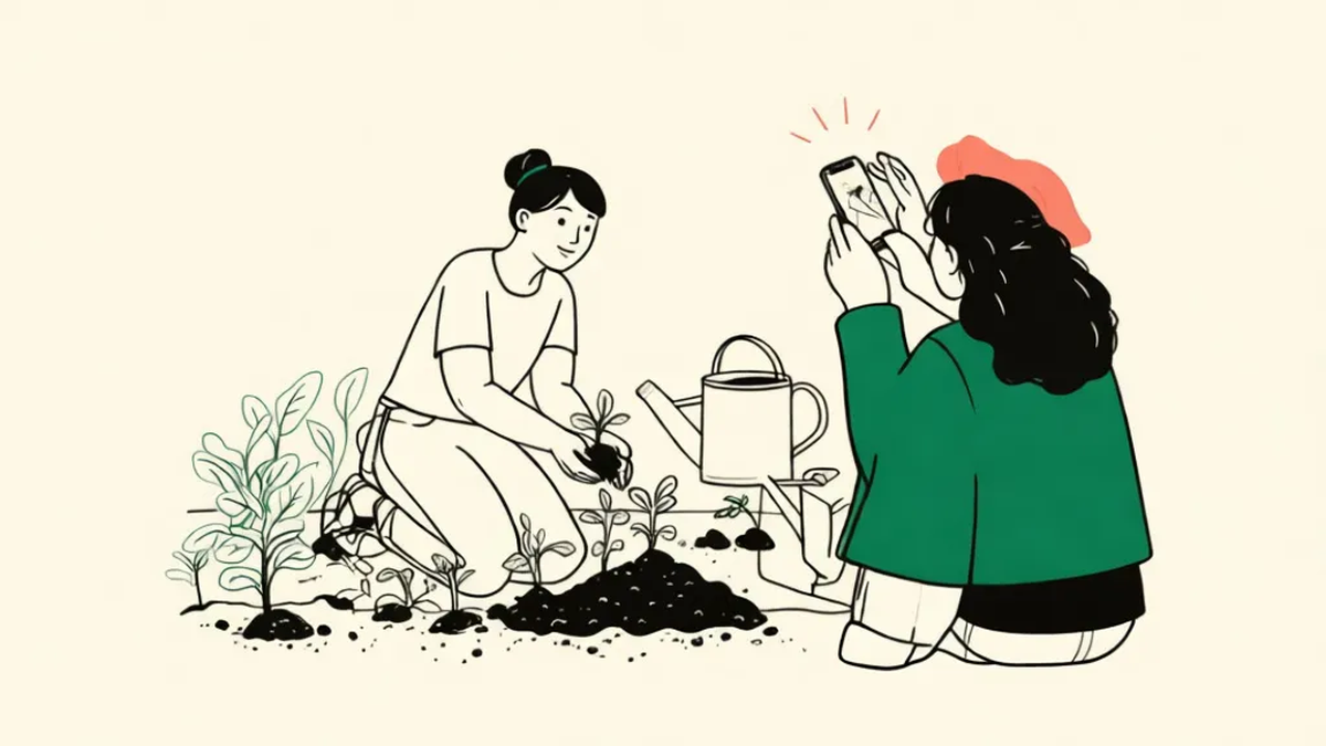 A woman planting seedlings in a community garden while a friend photographs her with a phone.