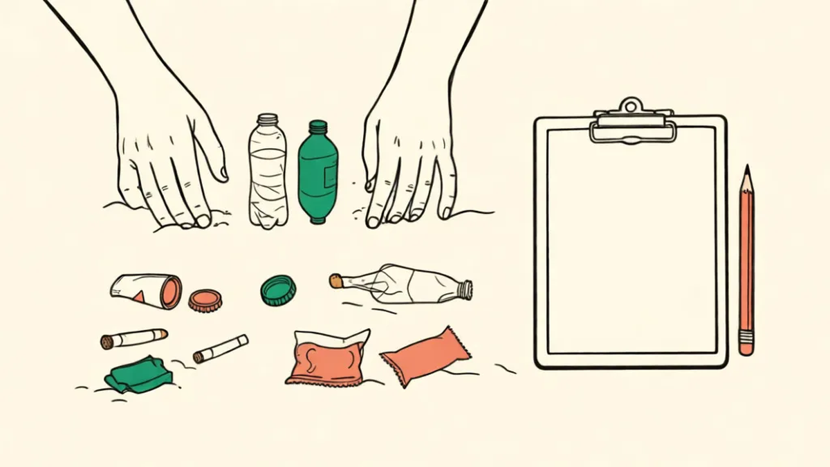 Hands sorting collected beach litter into counted rows on the sand, beside a clipboard and pencil