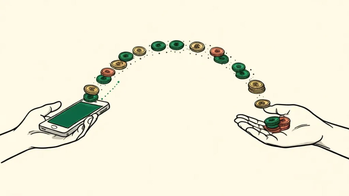 A phone in one hand sends an arc of coins, one after another, toward an open hand on the other side