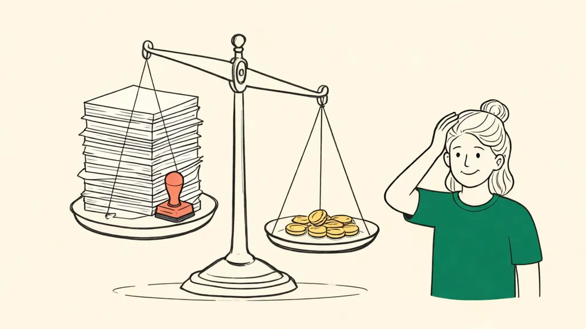 A balance scale tipping toward a stack of forms and a rubber stamp, with a few coins on the other side, while a person looks at it puzzled
