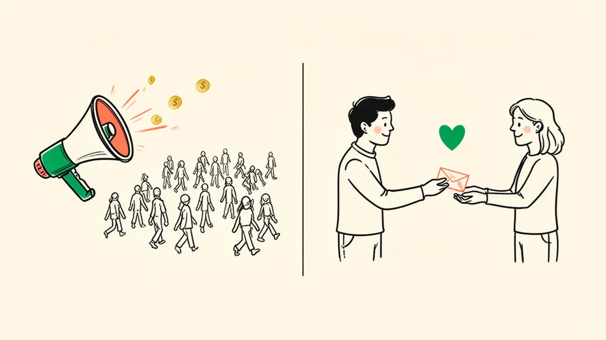 On one side, a megaphone shouting at a crowd walking away; on the other, one person handing a folded note directly into another person's hands.