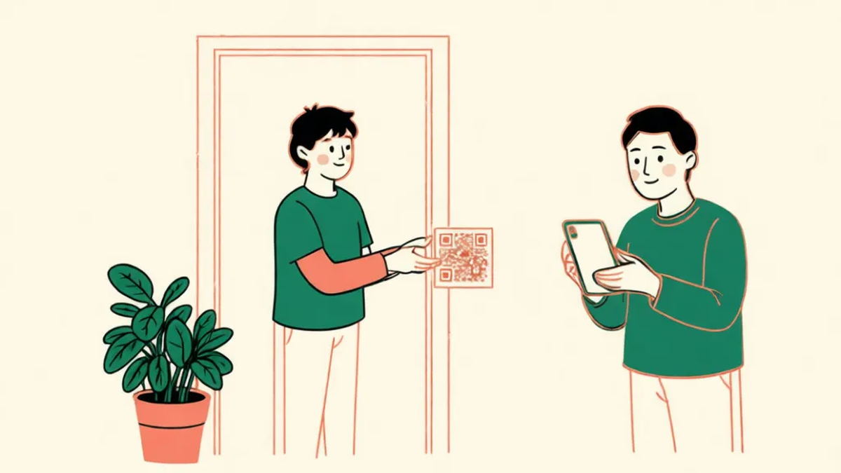 A person in a doorway hands a small printed QR code card to a neighbor, who scans it with their phone.