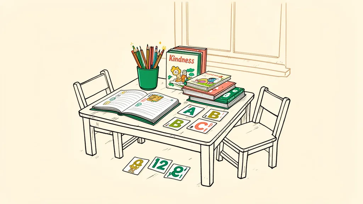 A low table in a school reading center set with an open workbook, alphabet cards, a cup of pencils and two child-size chairs.