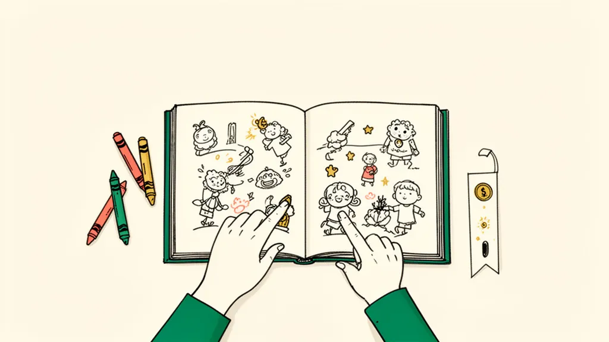 Overhead view of an adult hand and a child's hand pointing at the same page of an open picture book, with crayons beside it.