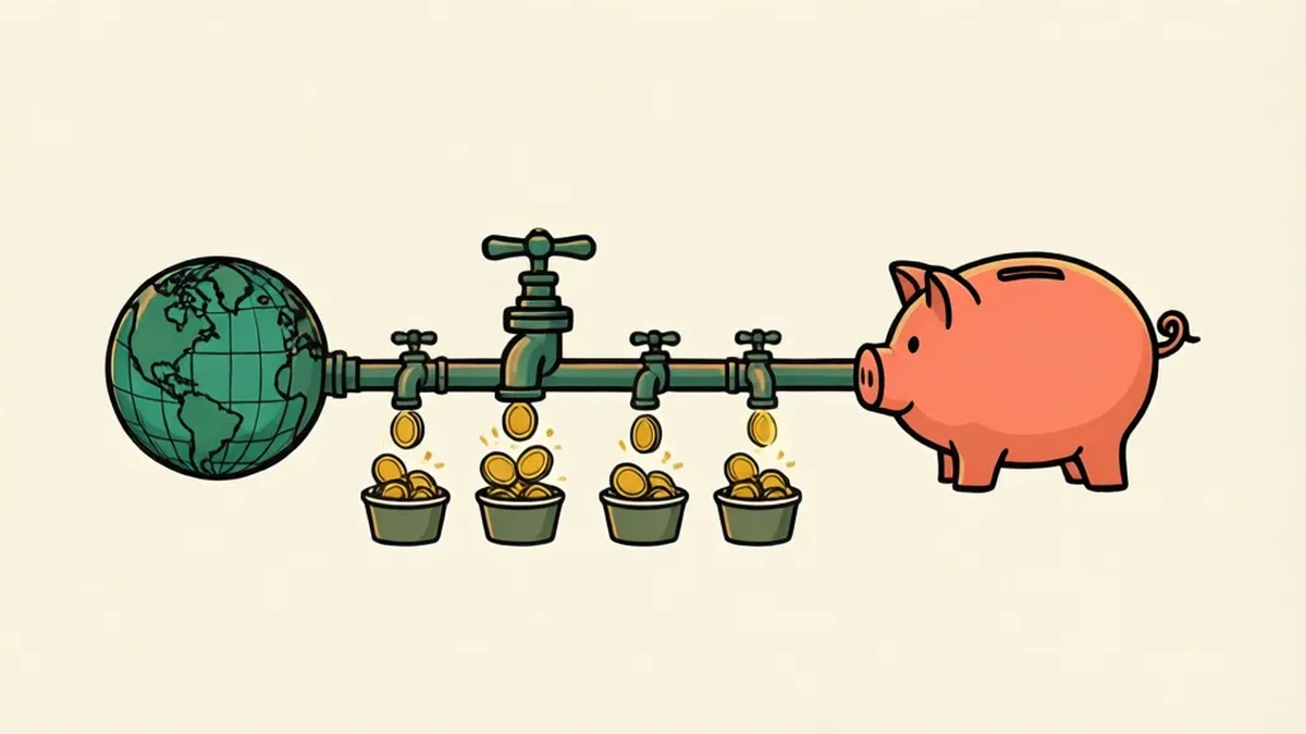 A pipe runs from a globe to a piggy bank, with four taps along the way dripping coins into cups; the middle tap is the largest