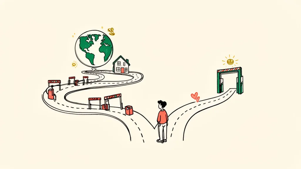 A person at a fork: one long winding road with several toll gates leads to a house by a globe; the other is shorter with a single gate