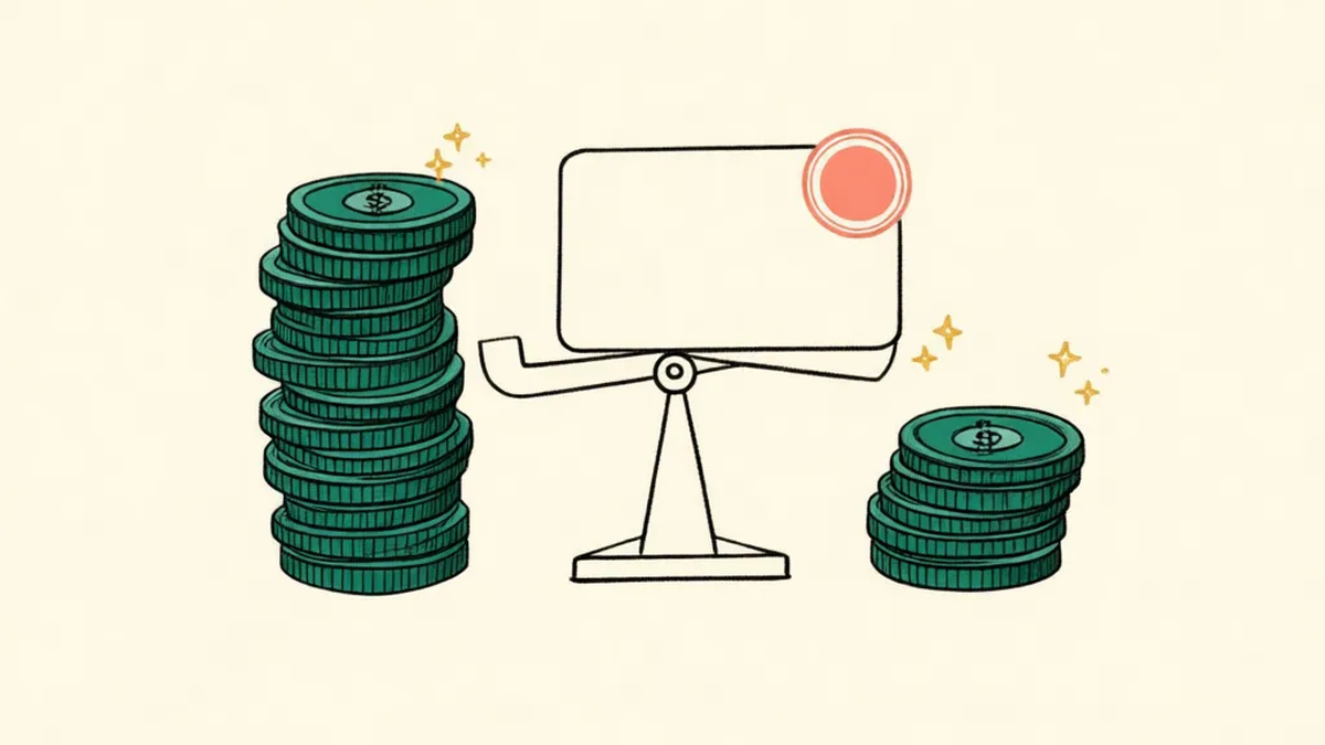 Two stacks of coins, one tall and one short, on either side of a balance scale and a blank ID card with a stamp