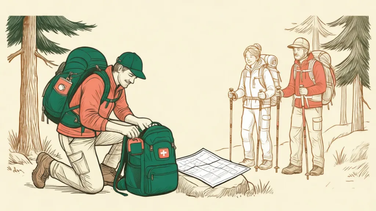 A volunteer hike leader kneeling at a trailhead, packing a first-aid pouch into a backpack while two hikers wait