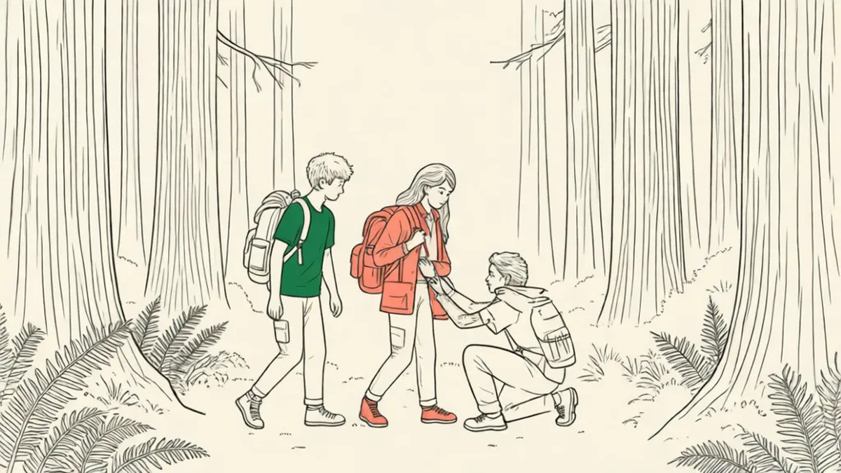 Teenagers with borrowed backpacks walking into a forest while an adult volunteer helps one adjust a shoulder strap