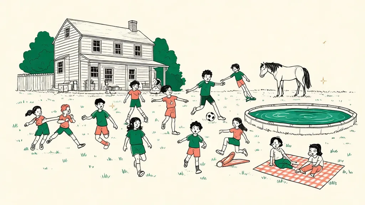Illustration of a summer day camp on a farm lawn: teenagers and children playing soccer and doing gymnastics beside a house, a horse grazing, a small pool