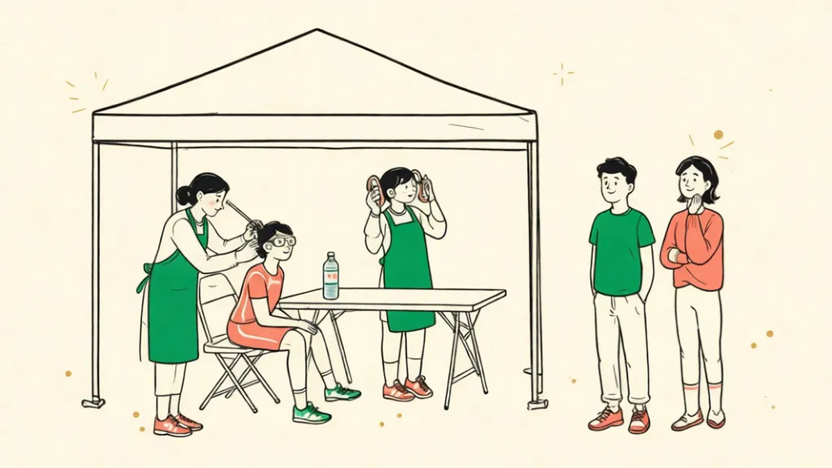 Illustration of a free health screening tent at a sports field, with volunteers checking an athlete's sight and hearing while two people wait