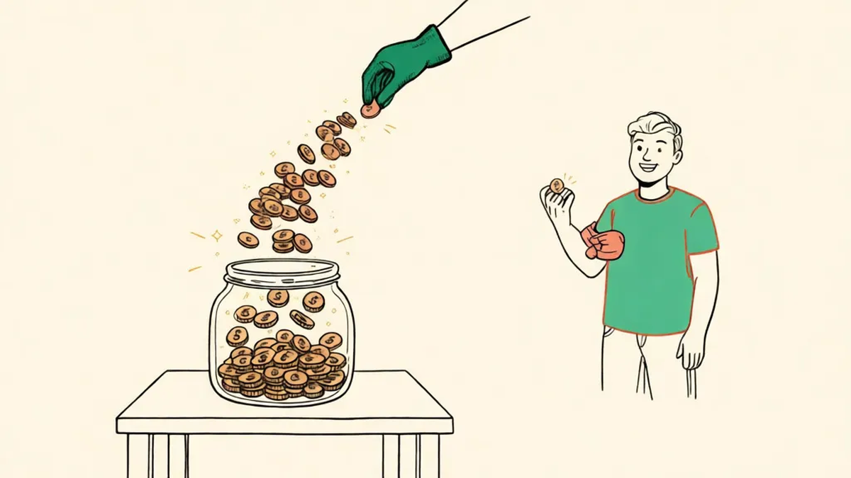 A gloved hand drops a rapid stream of small coins into a tip jar while a smiling supporter stands a little way off holding a single coin.