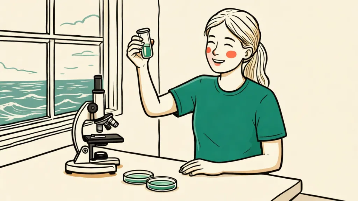 A volunteer at a coastal lab bench holds a small water sample up to the light beside a microscope, with ocean waves visible through the window.