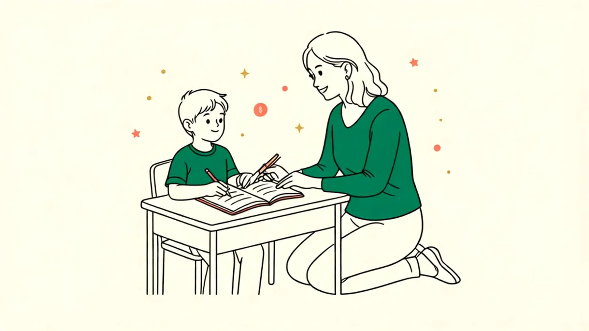 A doodle-style illustration of a teacher kneeling beside a young student's desk, helping with an open notebook.