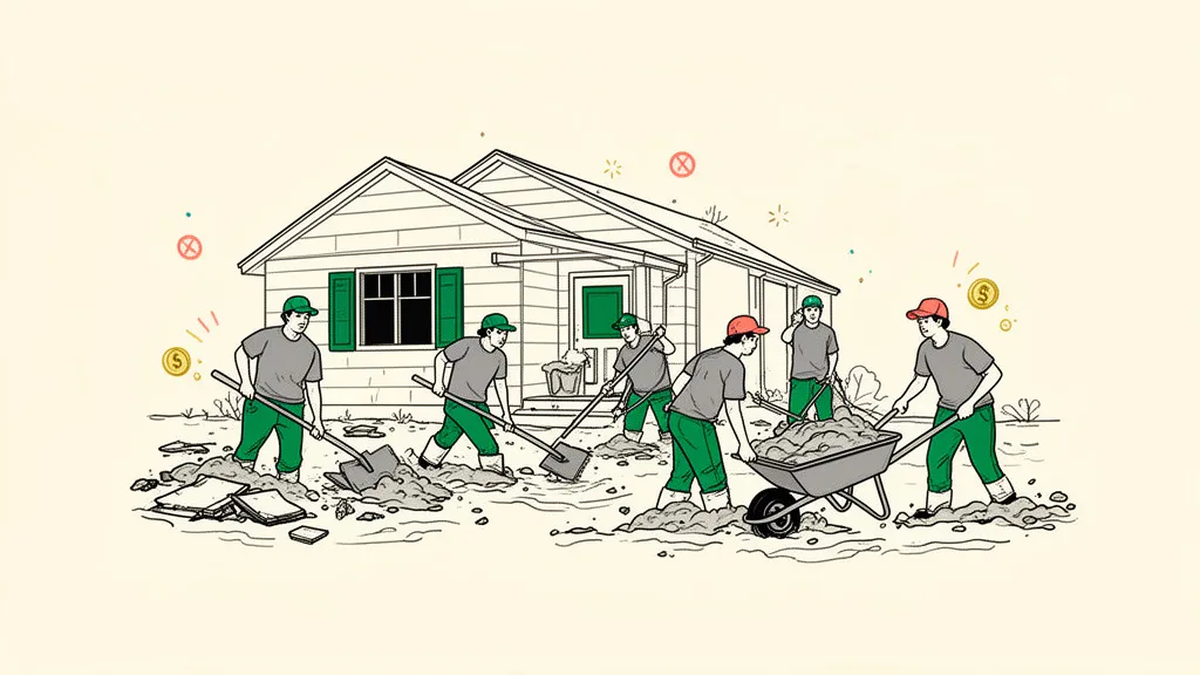 Volunteers in grey shirts shoveling mud and hauling debris out of a flooded house
