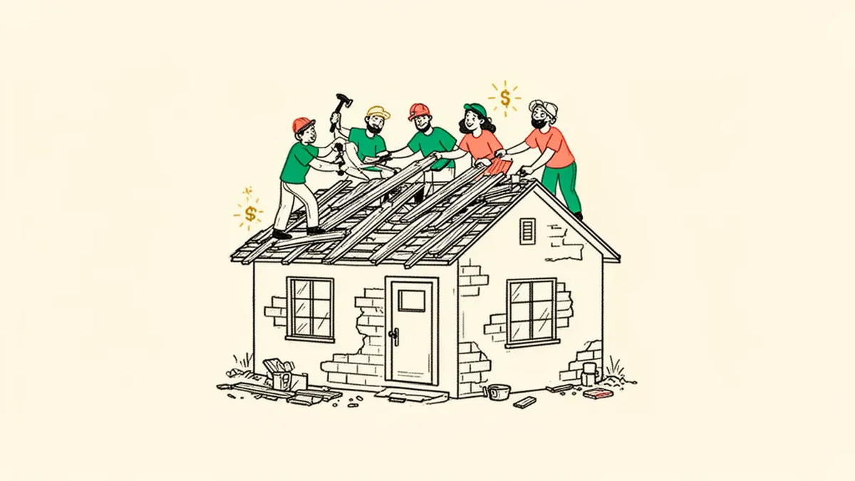 A small crew of volunteers rebuilding a roof together on a damaged house