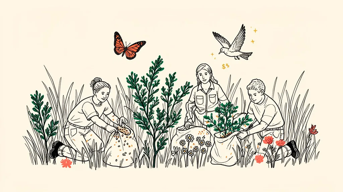 Illustration of three volunteers kneeling in tall prairie grass, pulling invasive shrubs and collecting wildflower seed into cloth bags